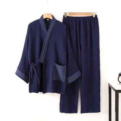 Navy Cotton Gauze Kimono Pajama Set - Navy Blue - XL - image 0