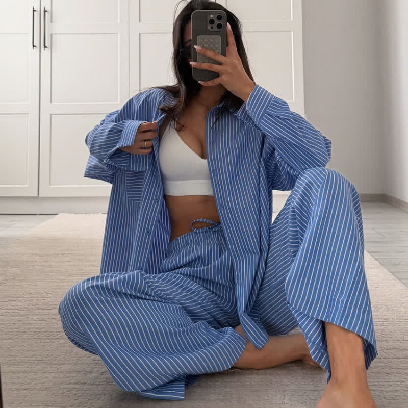 Classic Vertical Stripe Pajama Set - Blue - L - image 2