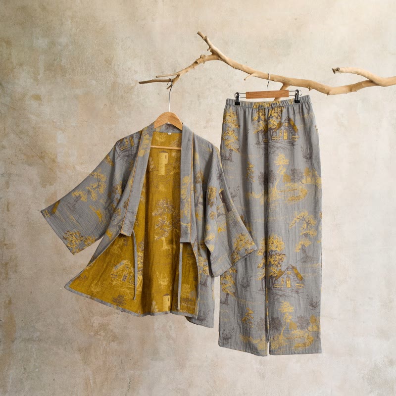 Neutral Landscape Kimono Cotton Pajama Set - Light Gray - XL - image 1