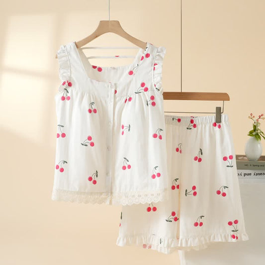 Cherry Cotton Cap Sleeve Pajama Set - White - XL - image 0