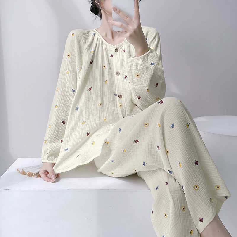Ditsy Floral Double Gauze Cotton Loungewear Set - Beige - XXL - image 0