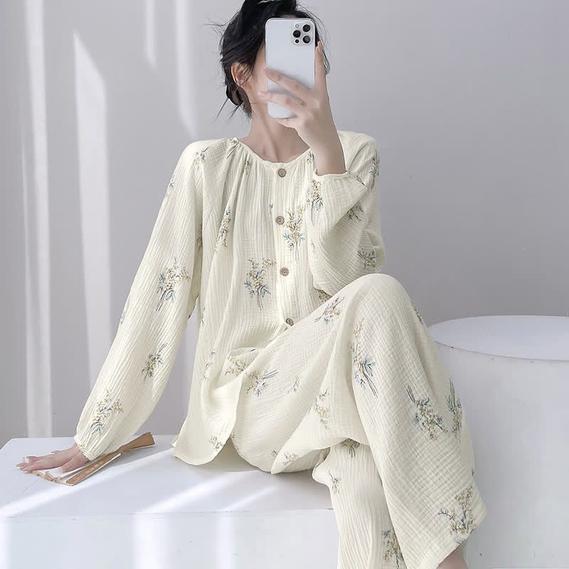 Bouquet Double Gauze Cotton Loungewear Set - Beige - XXL - image 0