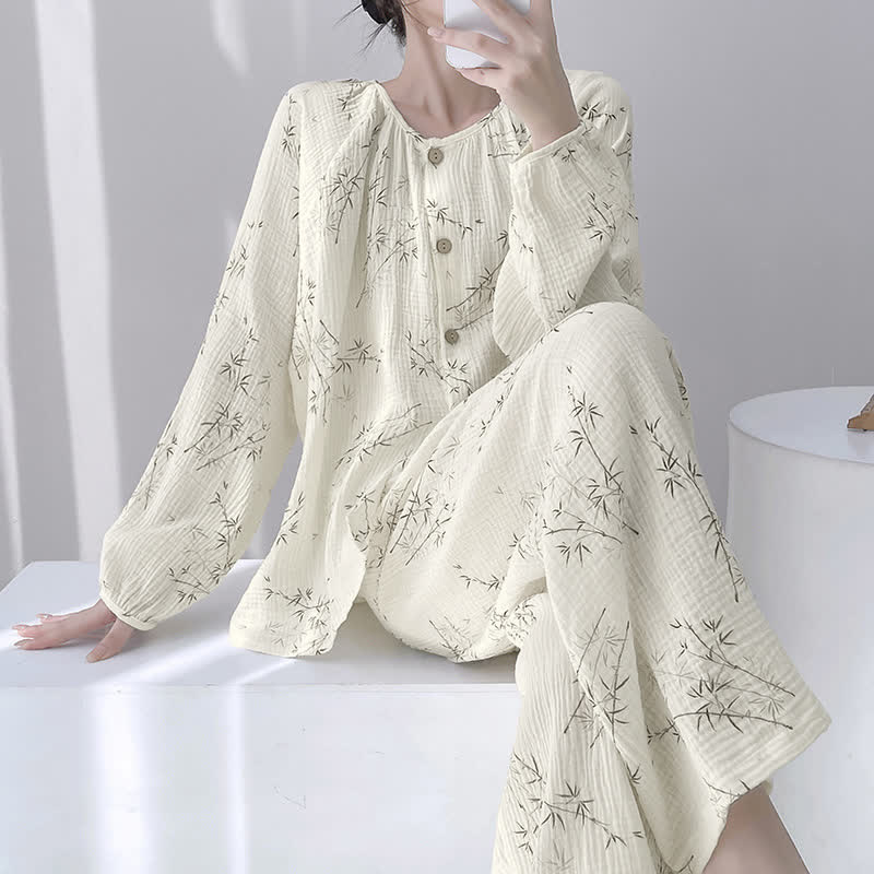 Bamboo Print Double Gauze Cotton Loungewear Set - Beige - XXL - image 0