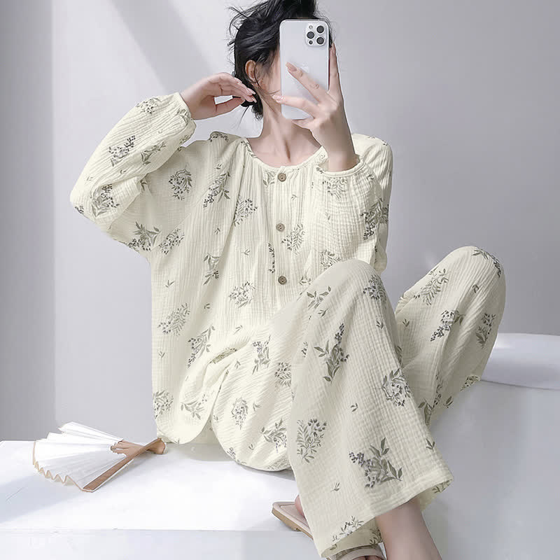 Leaf Double Gauze Cotton Loungewear Set - Beige - XXL - image 0