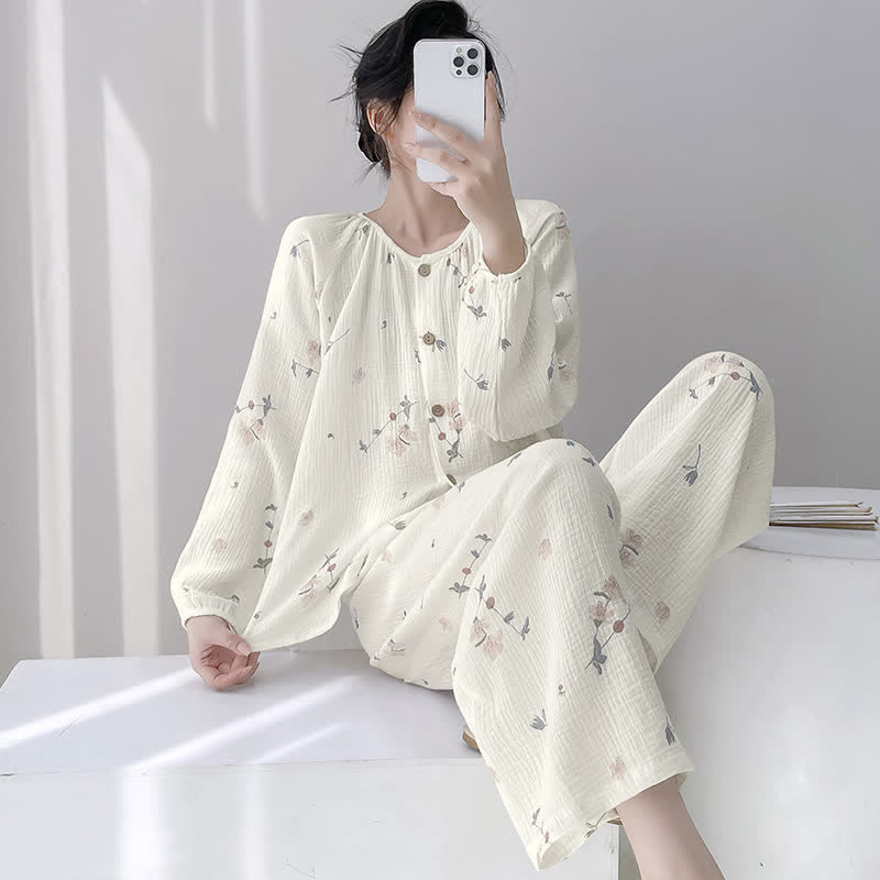 Rustic Floral Double Gauze Cotton Pajamas - Beige - XXL - image 0