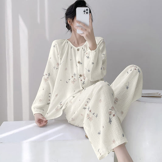 Rustic Floral Double Gauze Cotton Pajamas - Beige - XXL - image 0