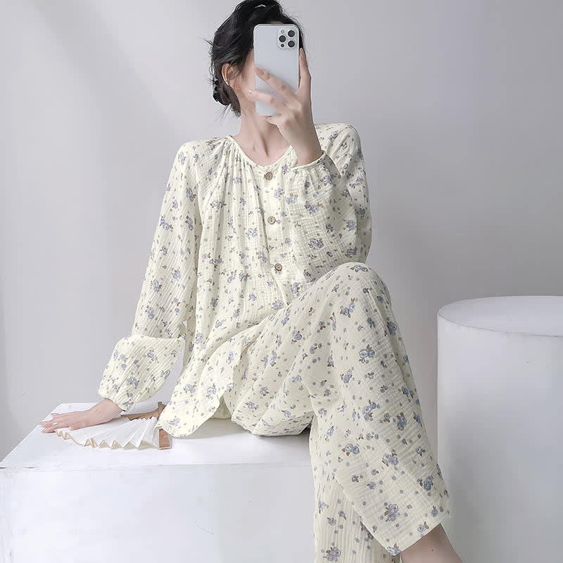 Gray Ditsy Floral Double Gauze Cotton Pajamas - Beige - XXL - image 0
