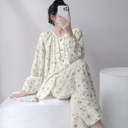 Gray Ditsy Floral Double Gauze Cotton Pajamas - Beige - XXL - image 0