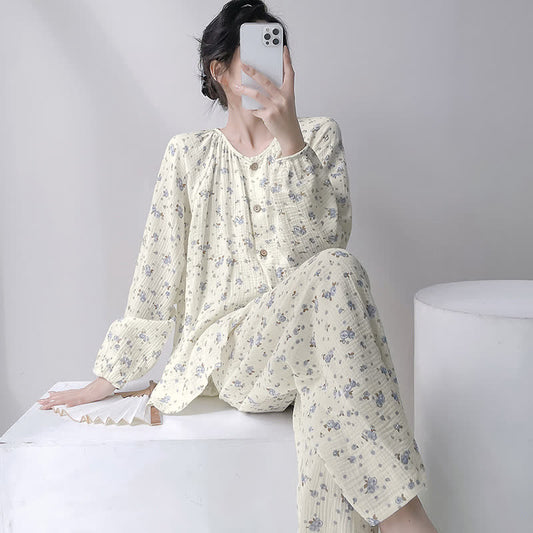 Gray Ditsy Floral Double Gauze Cotton Pajamas - Beige - XXL - image 0