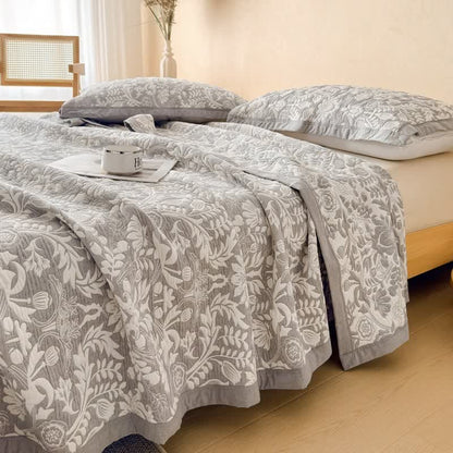 Cotton Floral & Branch Muslin Quilt Blanket - Gray - 2PCS Pillow Towels - 19" x 31" - image 3