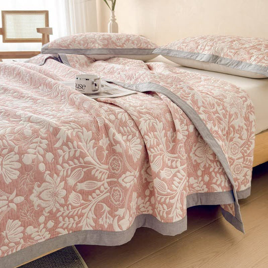 Cotton Floral & Branch Muslin Quilt Blanket - Pink - 2PCS Pillow Towels - 19" x 31" - image 0