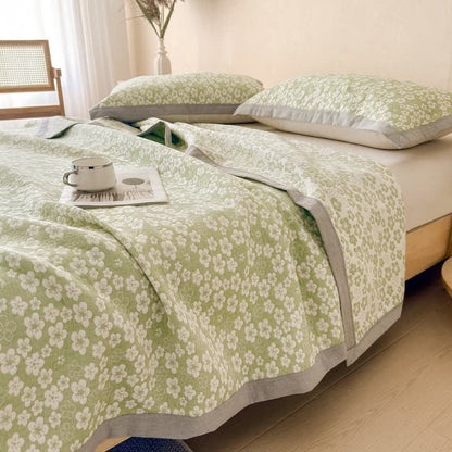 Cotton Cherry Blossom Muslin Quilt Blanket - Green - 2PCS Pillow Towels - 19" x 31" - image 6