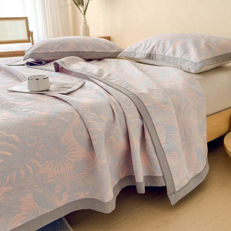 Cotton Jungle Leaf Muslin Quilt Blanket - Coffee - 2PCS Pillow Towels - 19" x 31" - image 3