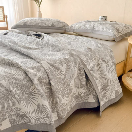 Cotton Jungle Leaf Muslin Quilt Blanket - Gray - 2PCS Pillow Towels - 19" x 31" - image 0