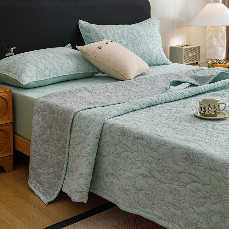 Floral Cotton Triple-Layer Gauze Jacquard Quilt Blanket - Sky Blue - 2PCS Pillowcases - 19" x 29" - image 7