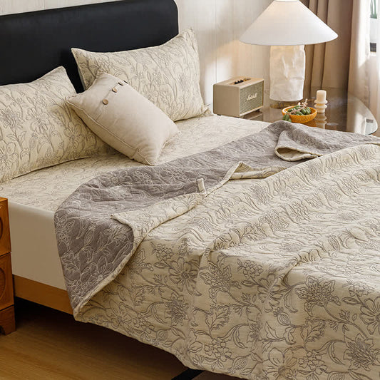 Floral Cotton Triple-Layer Gauze Jacquard Quilt Blanket - Beige - 2PCS Pillowcases - 19" x 29" - image 0