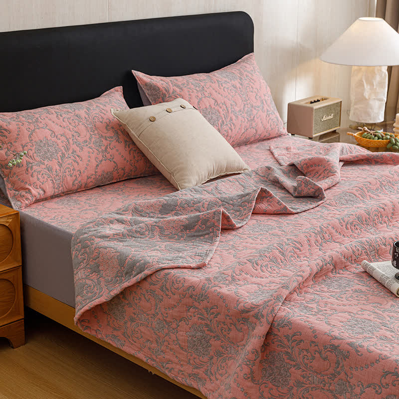 Vintage Cotton Triple-Layer Gauze Jacquard Quilt Blanket - Pink - 2PCS Pillowcases - 19" x 29" - image 14