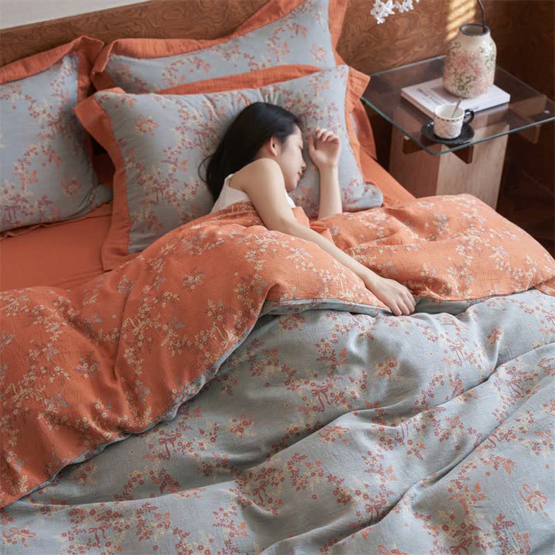 Floral & Bow Cotton Double Gauze Bedding Set(4PCS) - image 4