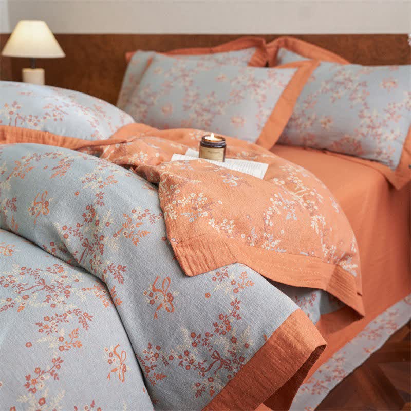 Floral & Bow Cotton Double Gauze Bedding Set(4PCS) - image 11