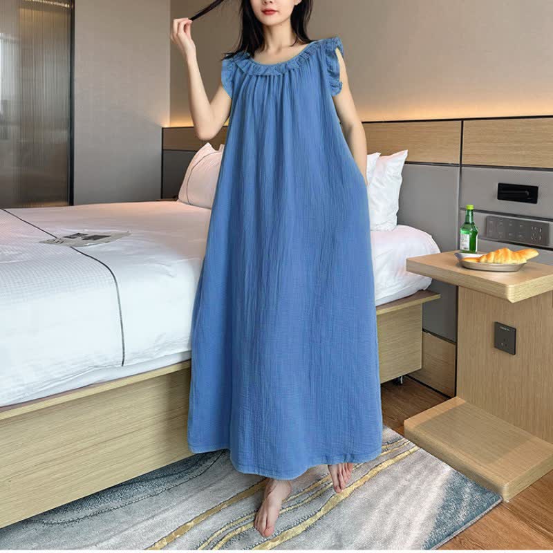 Plus Size Minimalist Cotton Ruffle Sleeveless Nightgown - Blue - 5XL - image 6