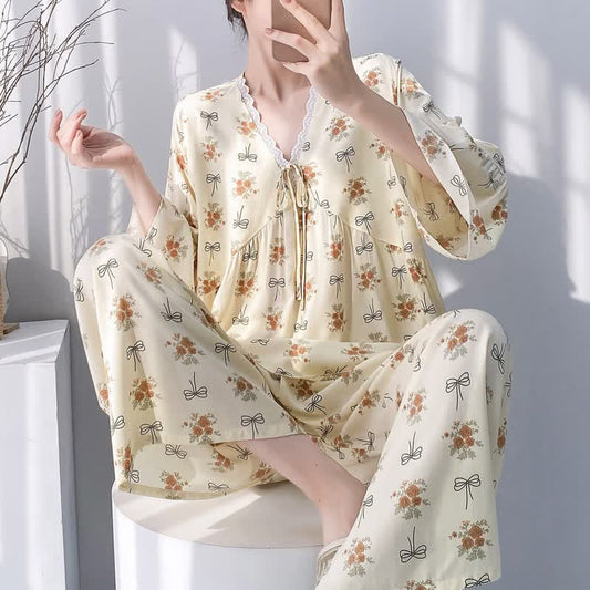 Rustic Floral & Bow Lace Trim Pajamas - Beige - XXL - image 0