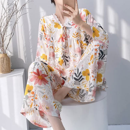Floral & Leaf Lace Trim Pajama Set - Beige - XXL - image 0