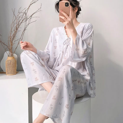 Floral & Bow V-Neck Lace Trim Pajama Set - image 4