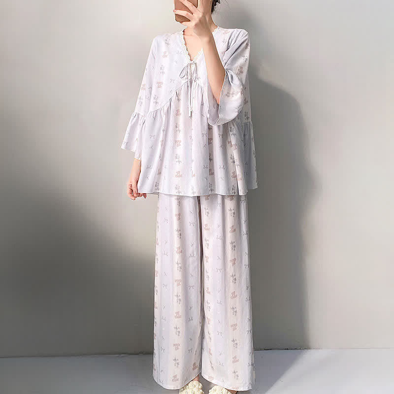 Floral & Bow V-Neck Lace Trim Pajama Set - image 3