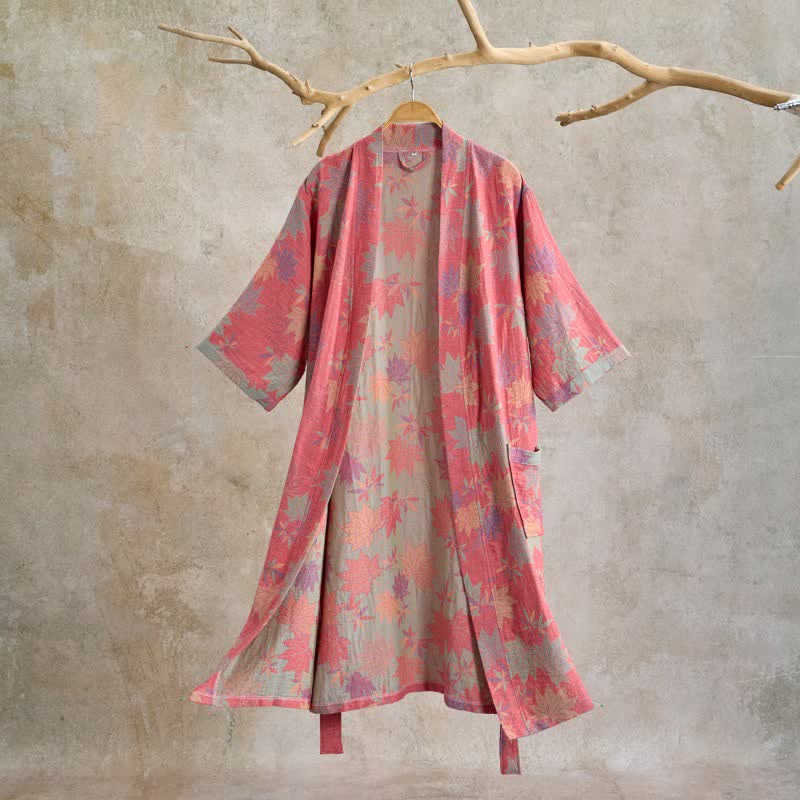 Double Gauze Maple Leaf Cotton Kimono Robe - Pink - XL - image 0