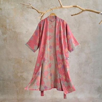Double Gauze Maple Leaf Cotton Kimono Robe - Pink - XL - image 0