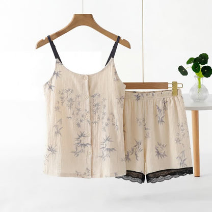Elegant Leaf Sleeveless Pajama Set - Beige - XXL - image 0