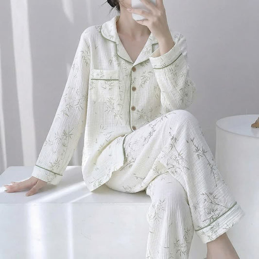 Bamboo Leaf Cotton Double Gauze Pajamas - Beige - XL - image 0
