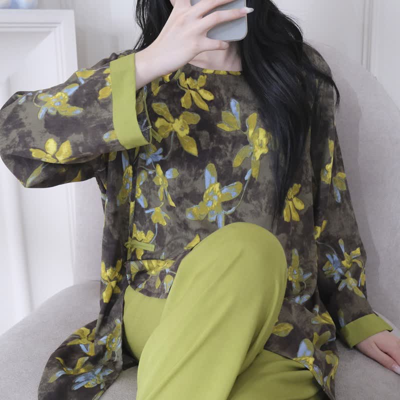 Retro Floral Eastern-Inspired Pajama Set - image 5