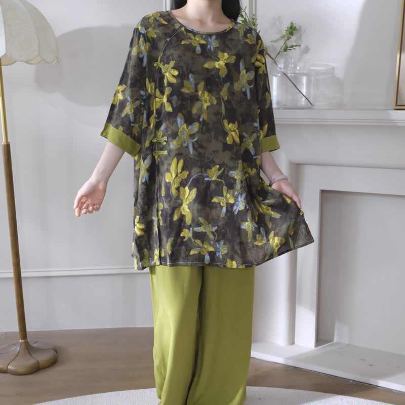 Retro Floral Eastern-Inspired Pajama Set - image 1