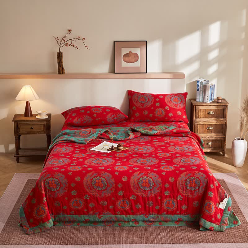 Cotton Gauze Retro Auspicious Jacquard Quilt - Bedding Set - King - image 0