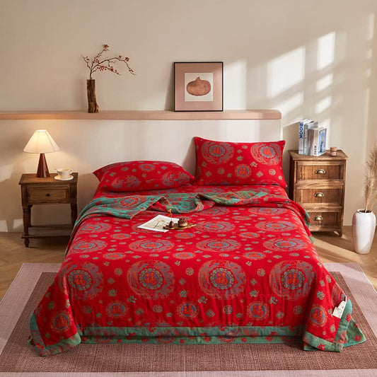 Cotton Gauze Retro Auspicious Jacquard Quilt - Bedding Set - King - image 0