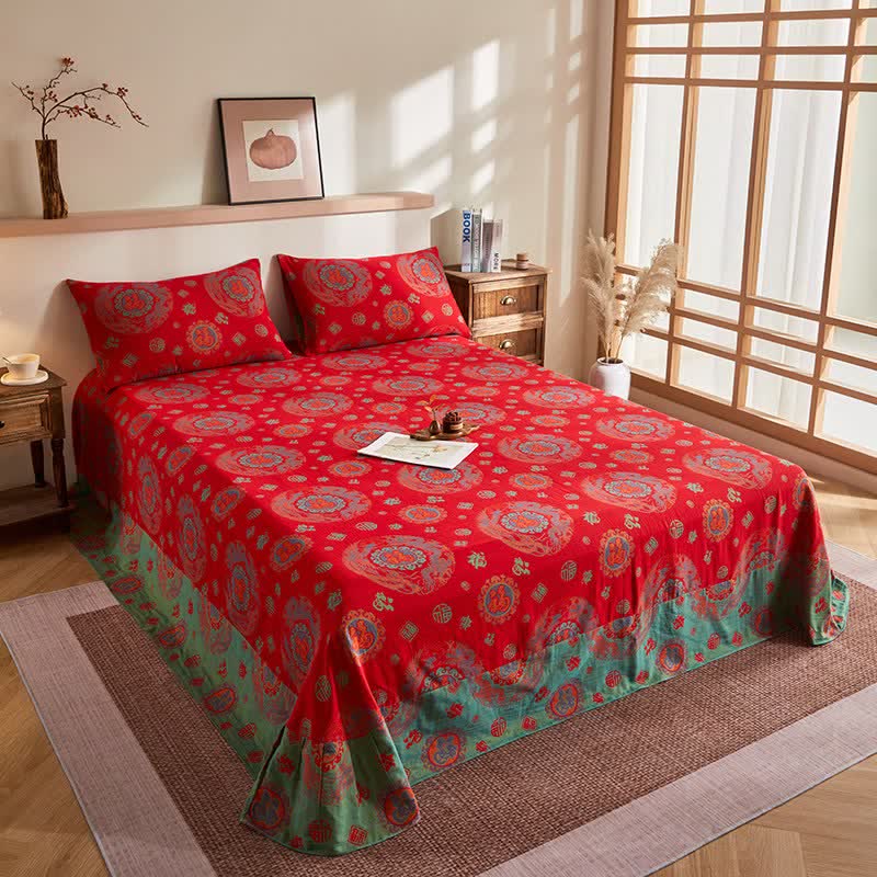 Cotton Gauze Retro Auspicious Jacquard Quilt - Flat Sheet with 2PCS Pillowcases - 96"W x 98"L - image 7