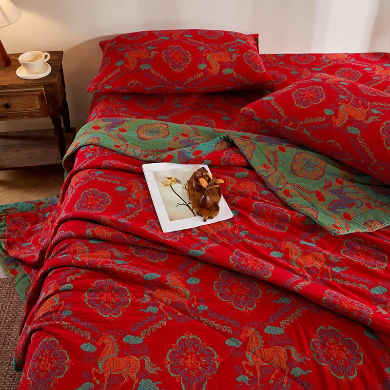 Cotton Gauze Vintage Horse Jacquard Quilt - image 6