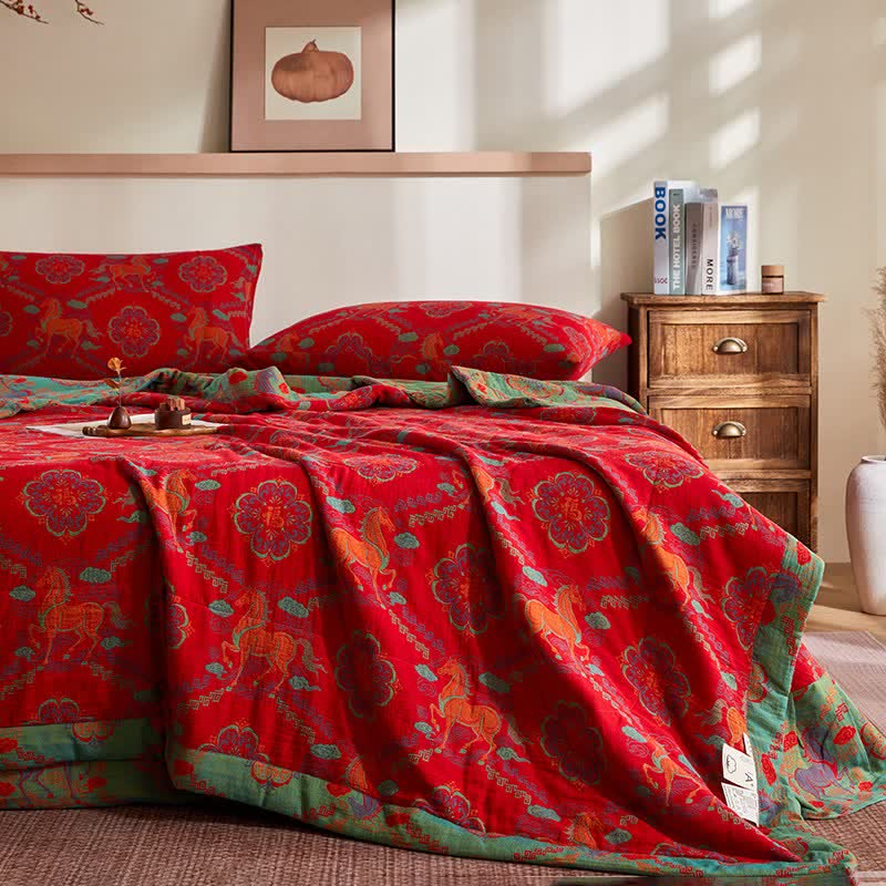 Cotton Gauze Vintage Horse Jacquard Quilt - image 3