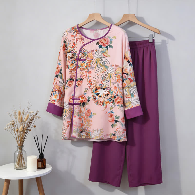 Floral & Cat Eastern-Inspired Loungewear Set - Pink - M - image 0