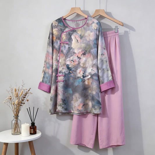 Artistic Floral Eastern-Inspired Loungewear Set - Light Gray - M - image 0