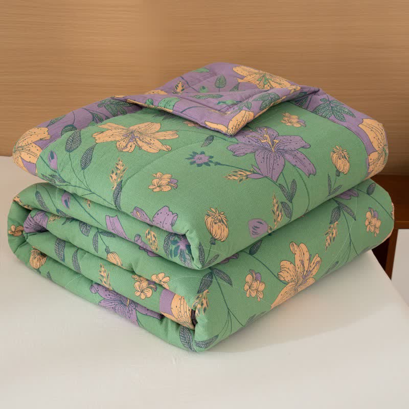 Lily Floral Print Cotton Linen Quilt - Green - Queen - image 1
