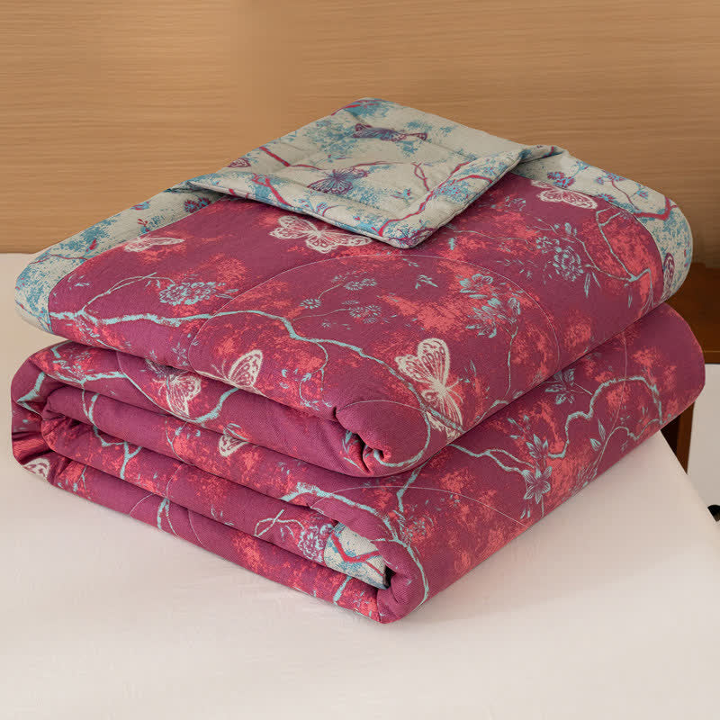 Butterfly & Branch Print Cotton Linen Quilt - Purple - Queen - image 6