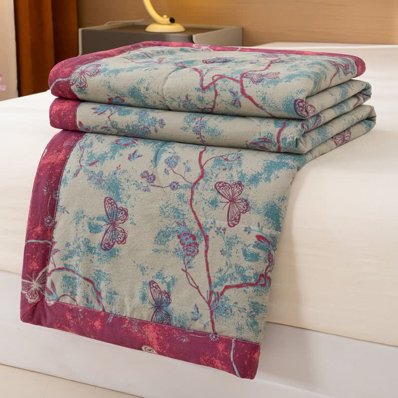Butterfly & Branch Print Cotton Linen Quilt - image 4