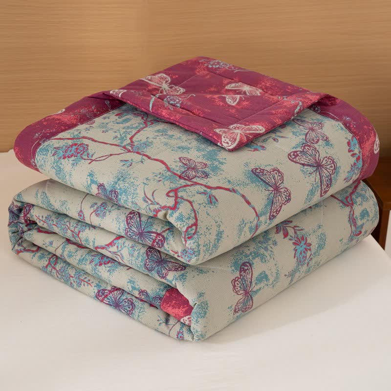Butterfly & Branch Print Cotton Linen Quilt - Gray Green - Queen - image 1