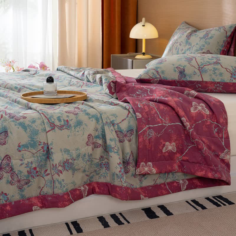 Butterfly & Branch Print Cotton Linen Quilt - image 2