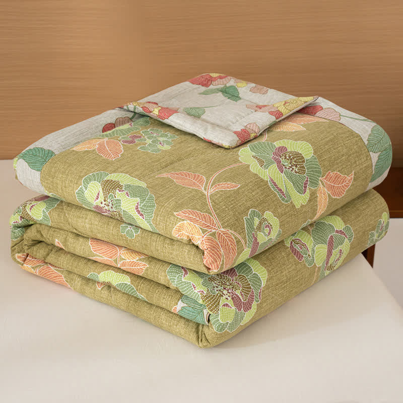 Fresh Floral Print Cotton Linen Quilt - Green - Queen - image 1