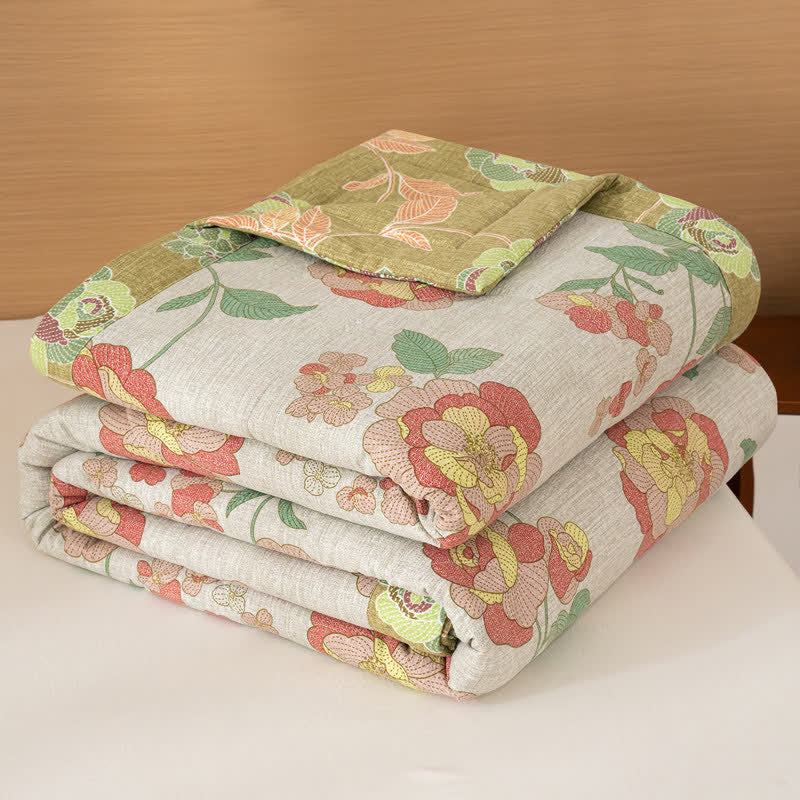 Fresh Floral Print Cotton Linen Quilt - Beige - Queen - image 4