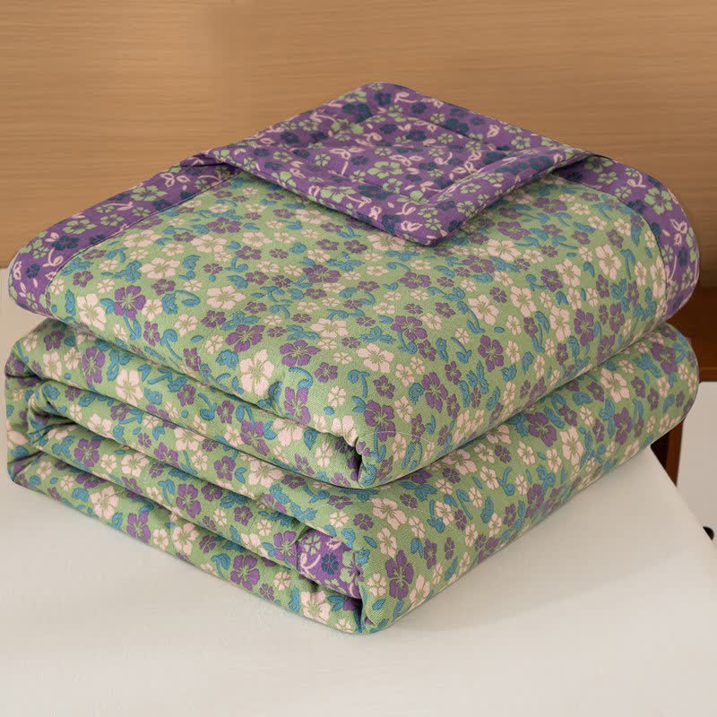 Crabapple Blossom-Inspired Cotton Linen Quilt - Green - Queen - image 1