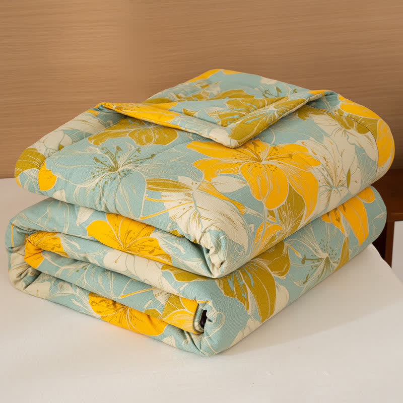 Yellow Floral Print Cotton Linen Quilt - Queen - image 1